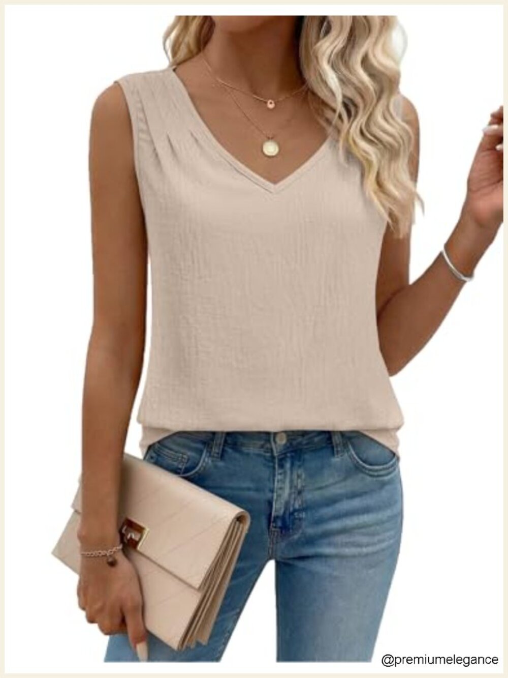 Women's Pleated V-Neck Textured Tank Top Business Casual Sleeveless Blouse